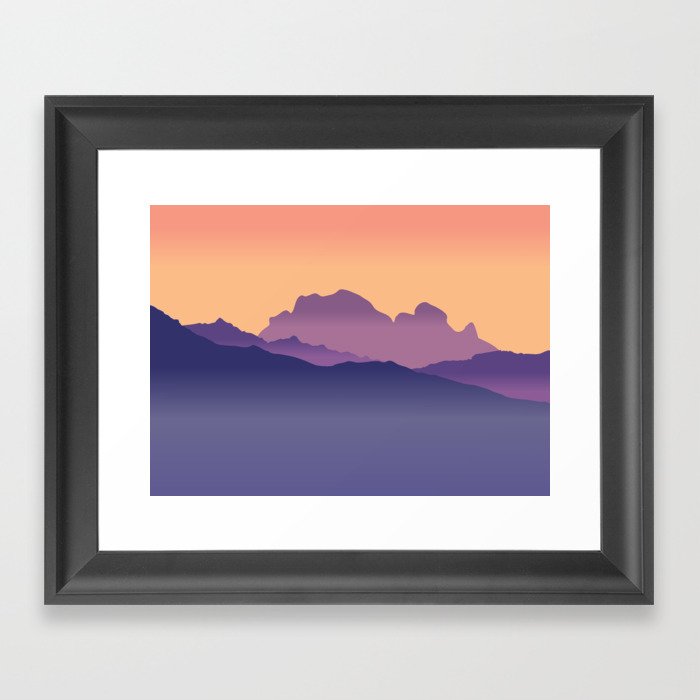Misty Mountains Orange Sunset  Framed Art Print