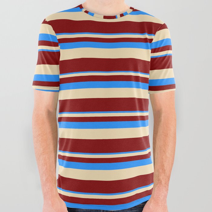 Blue, Tan, and Maroon Colored Lined Pattern All Over Graphic Tee