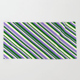 [ Thumbnail: Purple, Dark Green, and Light Yellow Colored Stripes Pattern Beach Towel ]