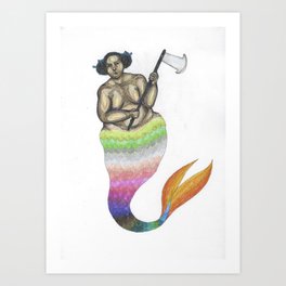 mermaid holding an axe with bow in her hair Art Print