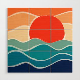 Retro 70s and 80s Color Palette Mid-Century Minimalist Nature Waves and Sun Abstract Art Wood Wall Art