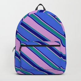 [ Thumbnail: Plum, Dark Cyan, Royal Blue, and Blue Colored Lined Pattern Backpack ]