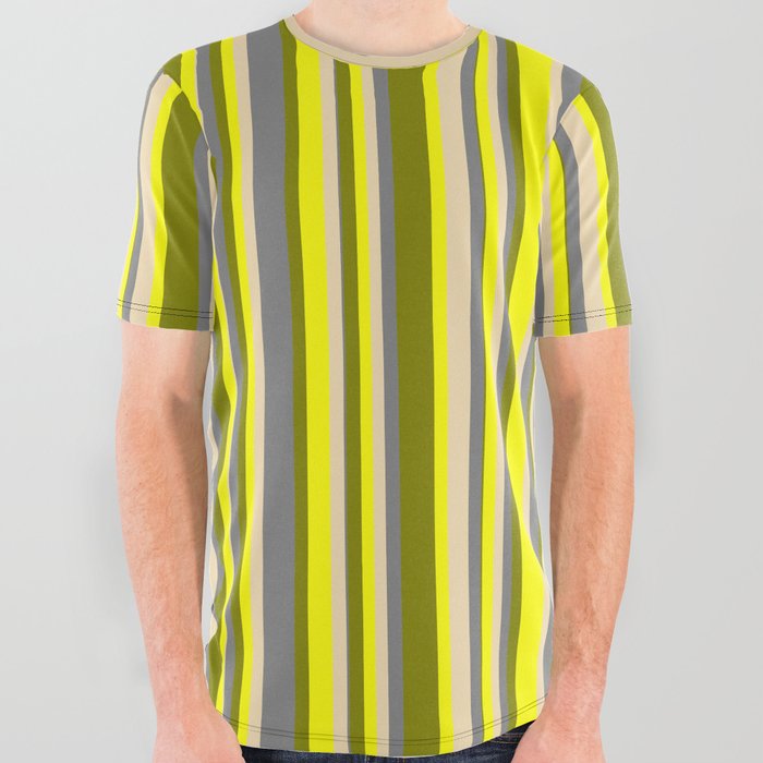 Green, Yellow, Tan & Grey Colored Lined/Striped Pattern All Over Graphic Tee