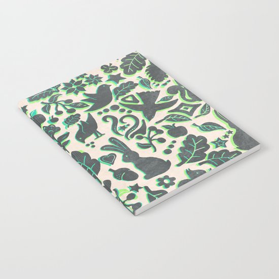 Two Rabbits - folk art pattern in grey, lime green & mint Notebook