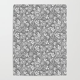 Grey And White Eastern Floral Pattern Poster