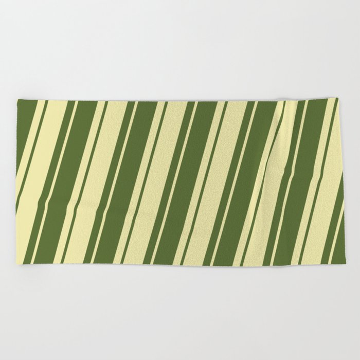 Dark Olive Green & Pale Goldenrod Colored Pattern of Stripes Beach Towel