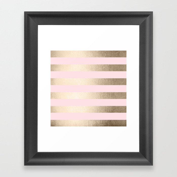 Simply Striped in White Gold Sands and Flamingo Pink Framed Art Print