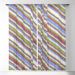 [ Thumbnail: Green, Maroon, Royal Blue, and Beige Colored Stripes/Lines Pattern Sheer Curtain ]