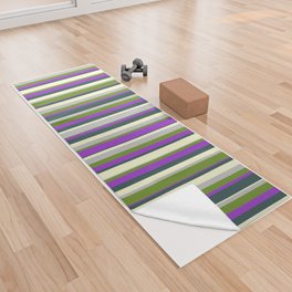 [ Thumbnail: Colorful Light Yellow, Dark Slate Gray, Dark Orchid, Green, and Grey Colored Striped Pattern Yoga Towel ]