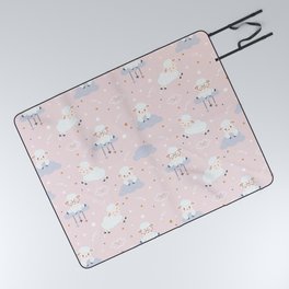 Cute Sheeps on Clouds with Stars Picnic Blanket