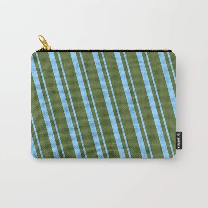 Light Sky Blue and Dark Olive Green Colored Lined/Striped Pattern Carry-All Pouch