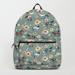 Horses and Sunrise Blue Floral, Horse Love, Wild Horses, Yellow and Pink Flowers Backpack