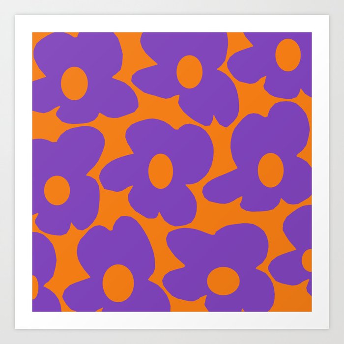 Large Bright Purple Retro Flowers Warm Orange Background #decor #society6 #buyart Art Print