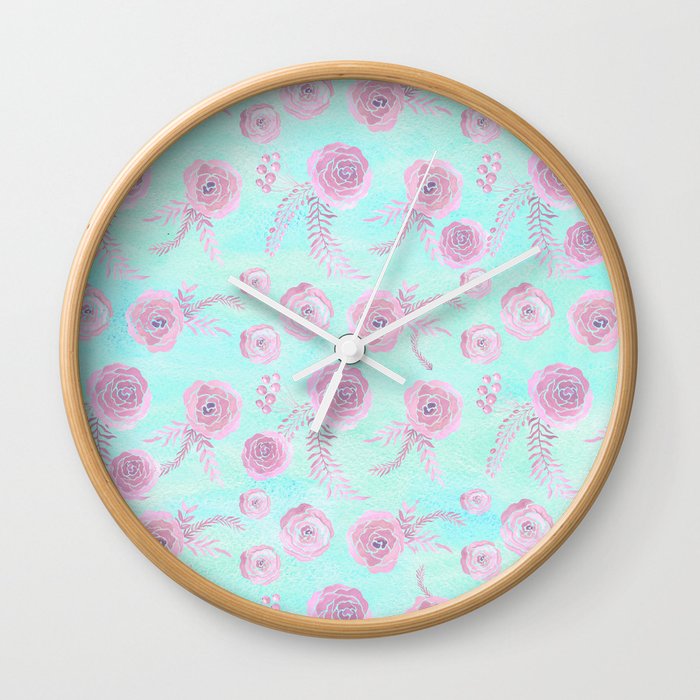 Peony Pattern Pink And Mint Wall Clock