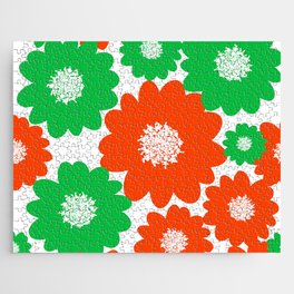 Cheerful Red And Green Retro Summer Flowers Jigsaw Puzzle