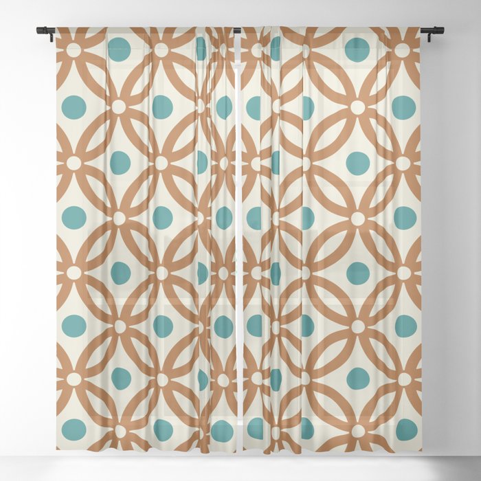 Pretty Intertwined Ring and Dot Pattern 644 Turquoise Brown and Beige Sheer Curtain