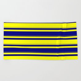 [ Thumbnail: Yellow & Blue Colored Lined/Striped Pattern Beach Towel ]