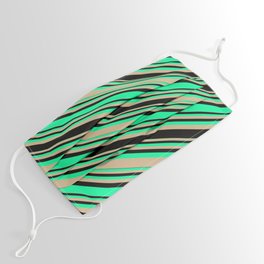 [ Thumbnail: Green, Tan, and Black Colored Striped/Lined Pattern Face Mask ]