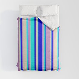 [ Thumbnail: Aqua, Beige, Plum & Blue Colored Lined Pattern Comforter ]