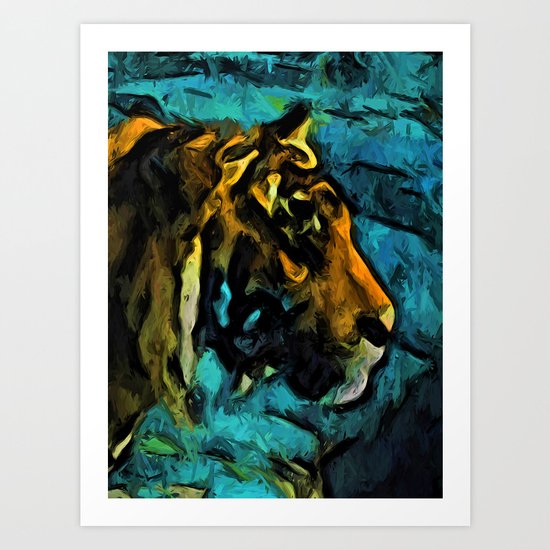 Gold Tiger with Black Lines and some Blue Art Print