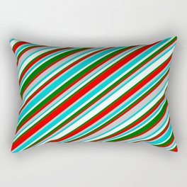 [ Thumbnail: Vibrant Red, Grey, Dark Turquoise, Mint Cream, and Dark Green Colored Striped/Lined Pattern Rectangular Pillow ]