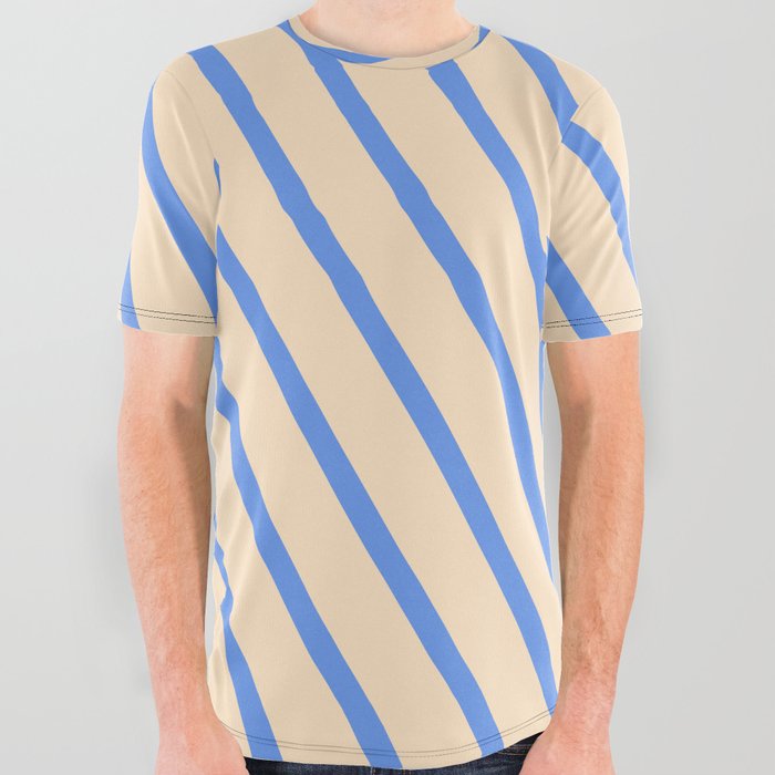 Cornflower Blue & Bisque Colored Pattern of Stripes All Over Graphic Tee