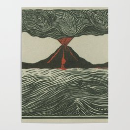 Volcano Woodcut Poster