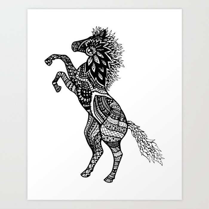 Rearing Horse Zentangle Abstract Doodle Art Print By