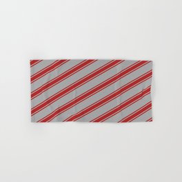 [ Thumbnail: Dark Gray & Red Colored Lined/Striped Pattern Hand & Bath Towel ]