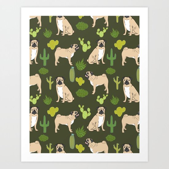Pug Cactus succulent southwest cute children fur baby pug dog art pet portrait funny animals Art Print