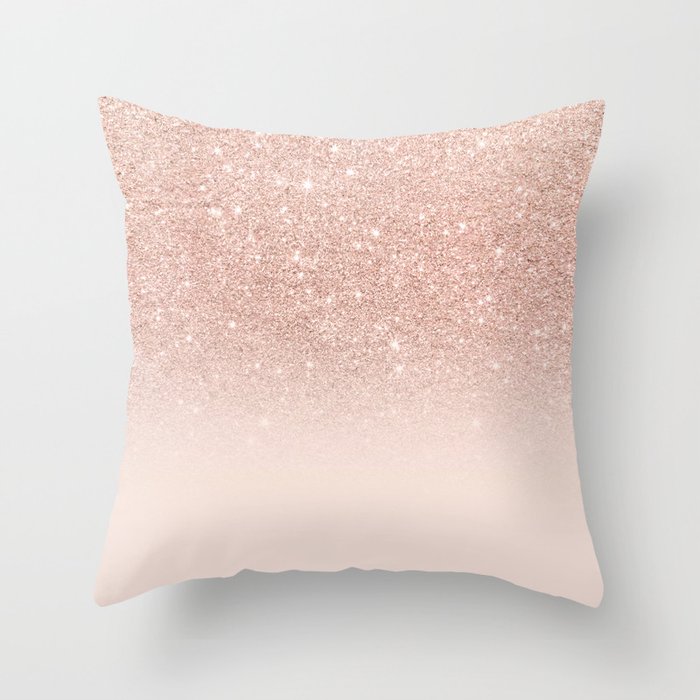 Rose Gold Faux Glitter Pink Ombre Color Block Throw Pillow