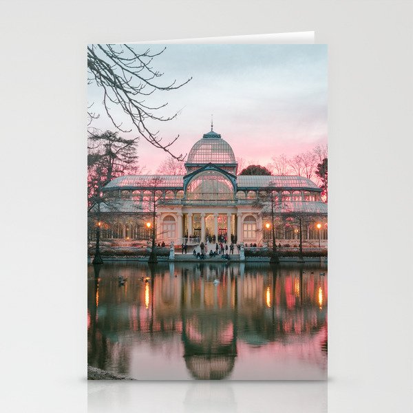 Spain Photography - The Glass Palace In Madrid By The Pink Sky  Stationery Cards