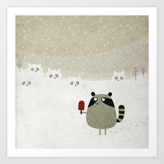 Raccoon and cats Art Print