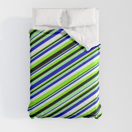 [ Thumbnail: Eyecatching Green, Blue, Mint Cream, Chartreuse, and Black Colored Lined/Striped Pattern Comforter ]