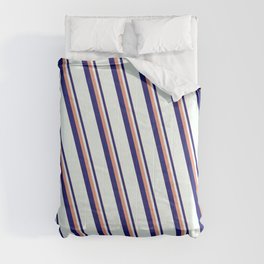 [ Thumbnail: Dark Salmon, Midnight Blue & Mint Cream Colored Stripes Pattern Comforter ]