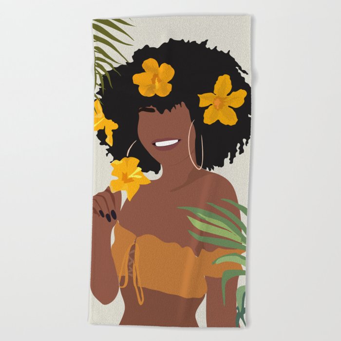 Girl with yellow hibiscus Beach Towel