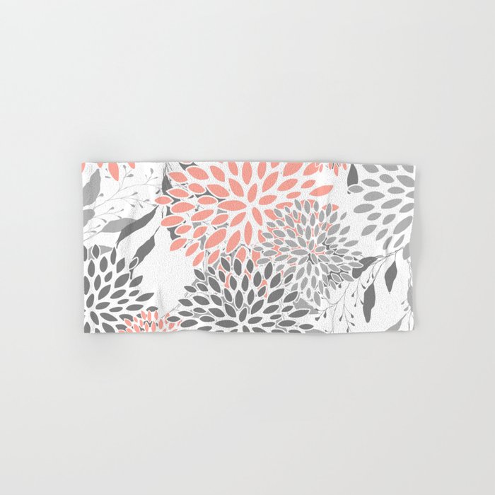 Festive, Floral Prints, Leaves and Blooms, Coral and Gray Hand & Bath Towel