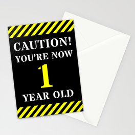 [ Thumbnail: 1st Birthday - Warning Stripes and Stencil Style Text Stationery Cards ]