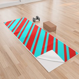 [ Thumbnail: Aqua and Red Colored Lined Pattern Yoga Towel ]