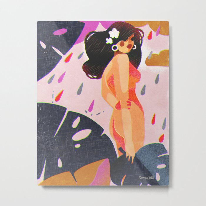 Cute Hula Tropical Girl in the Rain Metal Print
