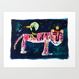 Toucan and Tiger in the Night Sky Painting Art Print