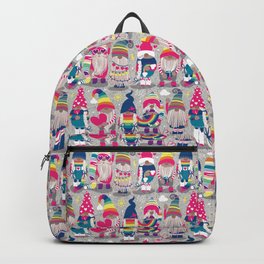 I gnome you // grey background little happy and lovely gnomes with rainbows fuchsia pink hearts Backpack