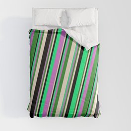 [ Thumbnail: Vibrant Green, Orchid, Forest Green, Beige & Black Colored Striped Pattern Comforter ]
