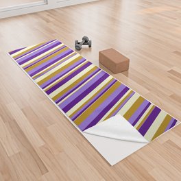 [ Thumbnail: Indigo, Purple, Dark Goldenrod & Light Yellow Colored Lined Pattern Yoga Towel ]