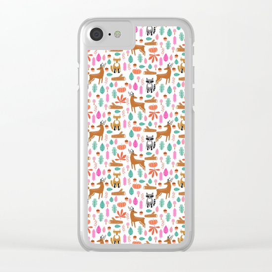 Autumn Fall Deer Raccoon cute kids bedroom forest woodland pattern art Clear iPhone Case