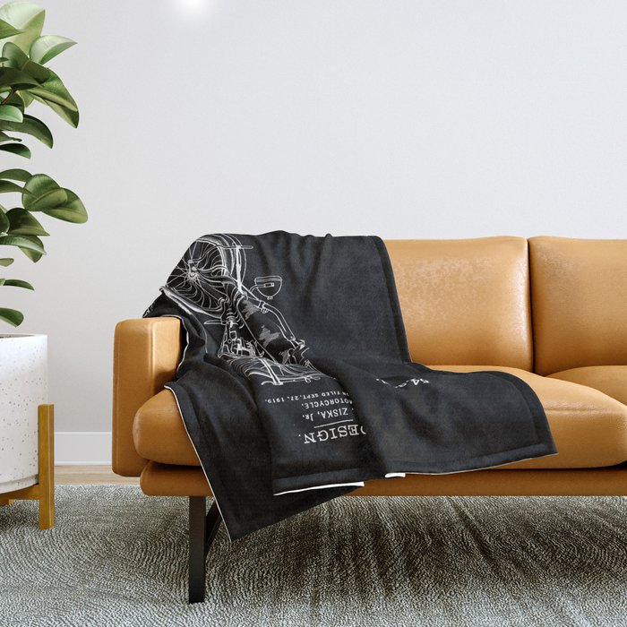 1919 Motorcycle Patent Black White Throw Blanket