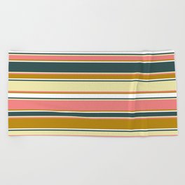 [ Thumbnail: Dark Slate Gray, Pale Goldenrod, Light Coral, Dark Goldenrod, and White Colored Striped Pattern Beach Towel ]