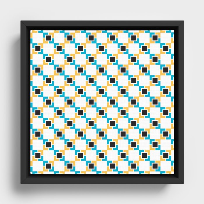 Teal Yellow Black Square Pattern Framed Canvas