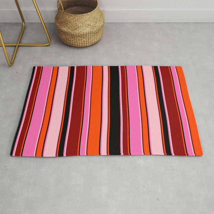 Eye-catching Hot Pink, Black, Red, Dark Red, and Pink Colored Stripes/Lines Pattern Rug