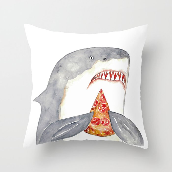 Shark pizza watercolor painting Throw Pillow